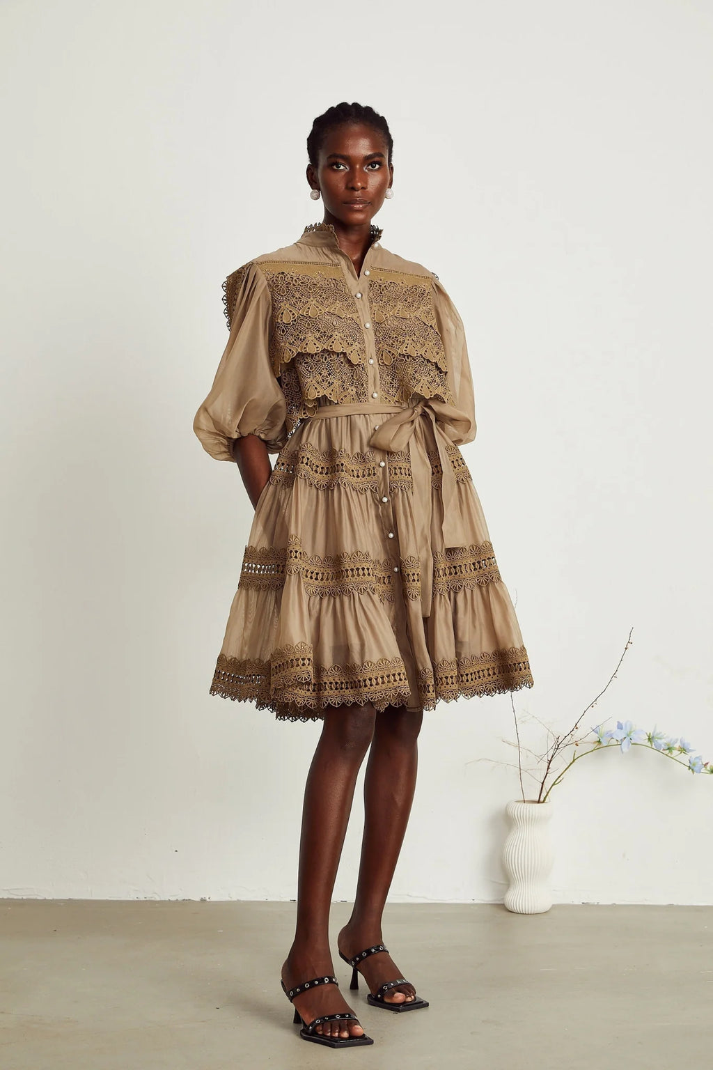 Vanessa Mini Dress Olive Green Lace Detail Flare & Layered