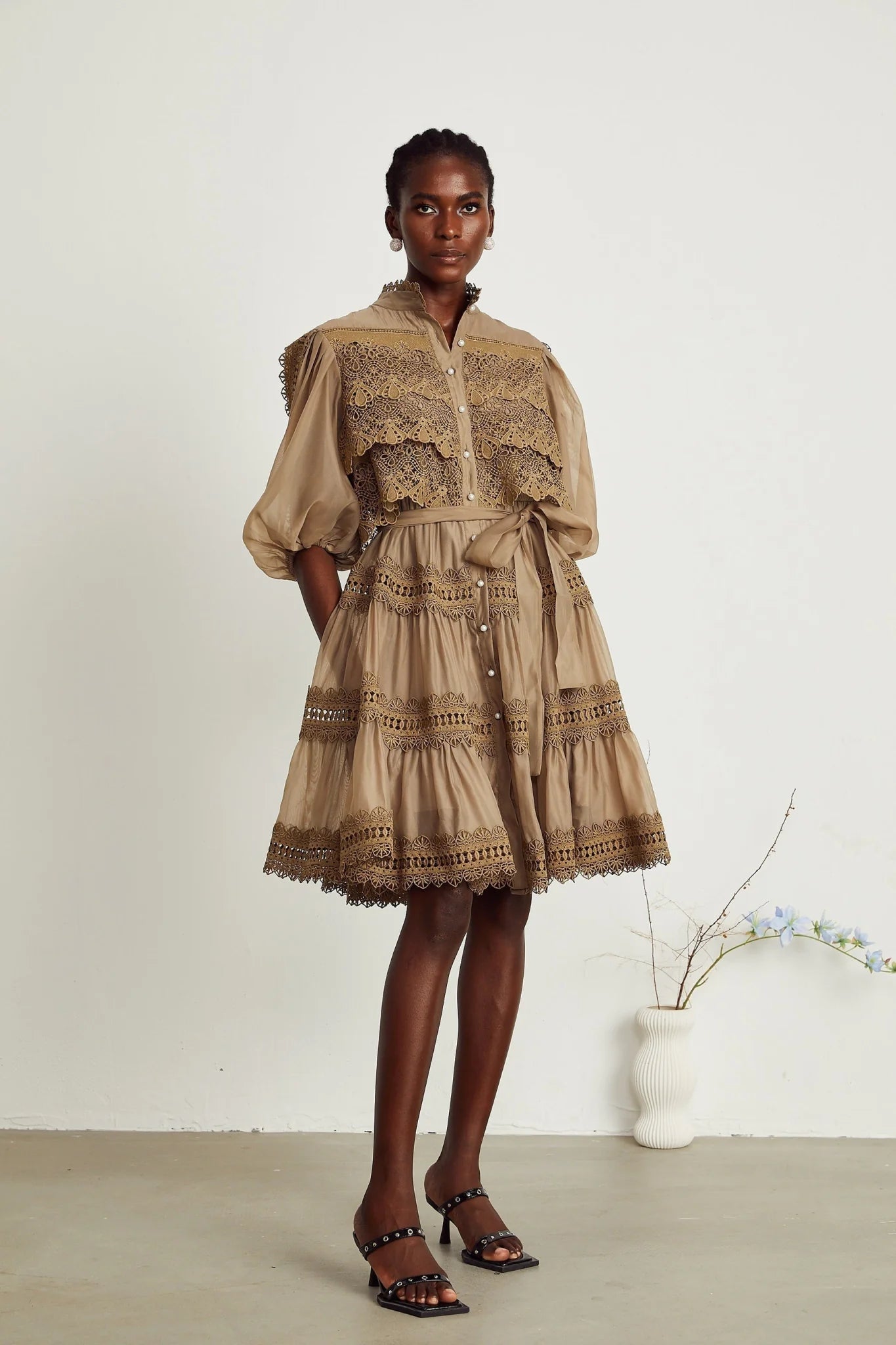 Vanessa Mini Dress Olive Green Lace Detail Flare & Layered