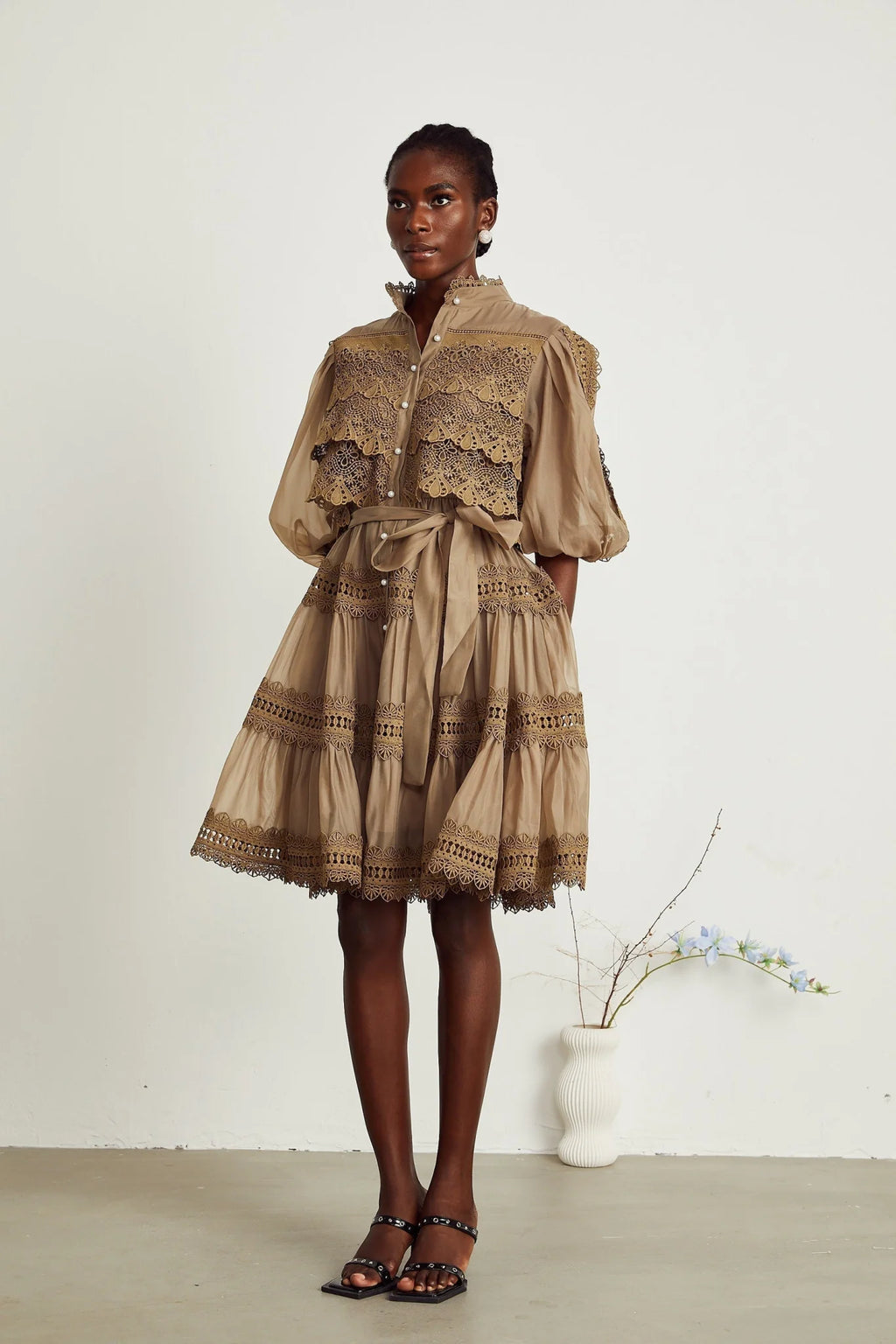 Vanessa Mini Dress Olive Green Lace Detail Flare & Layered