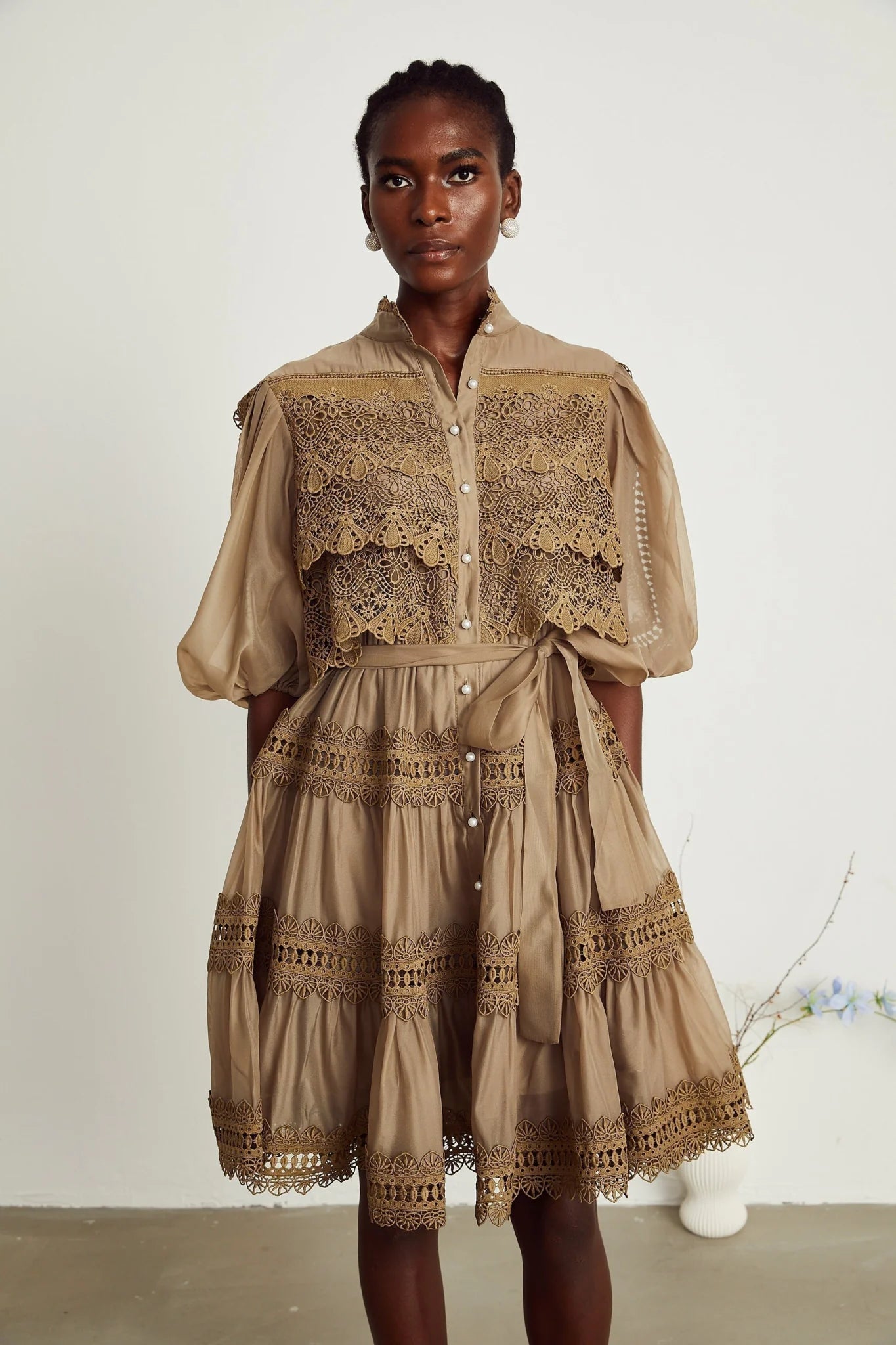Vanessa Mini Dress Olive Green Lace Detail Flare & Layered