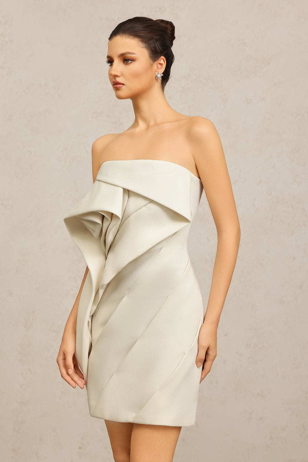 Vera Beige Ruffle Mini Dress Elegant Strapless Neckline