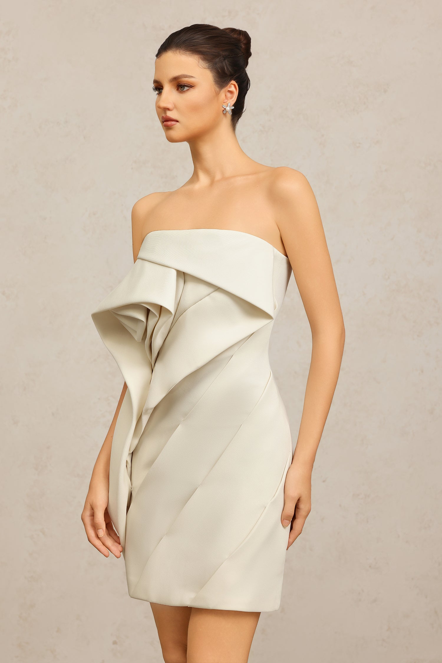 Vera Beige Ruffle Mini Dress Elegant Strapless Neckline