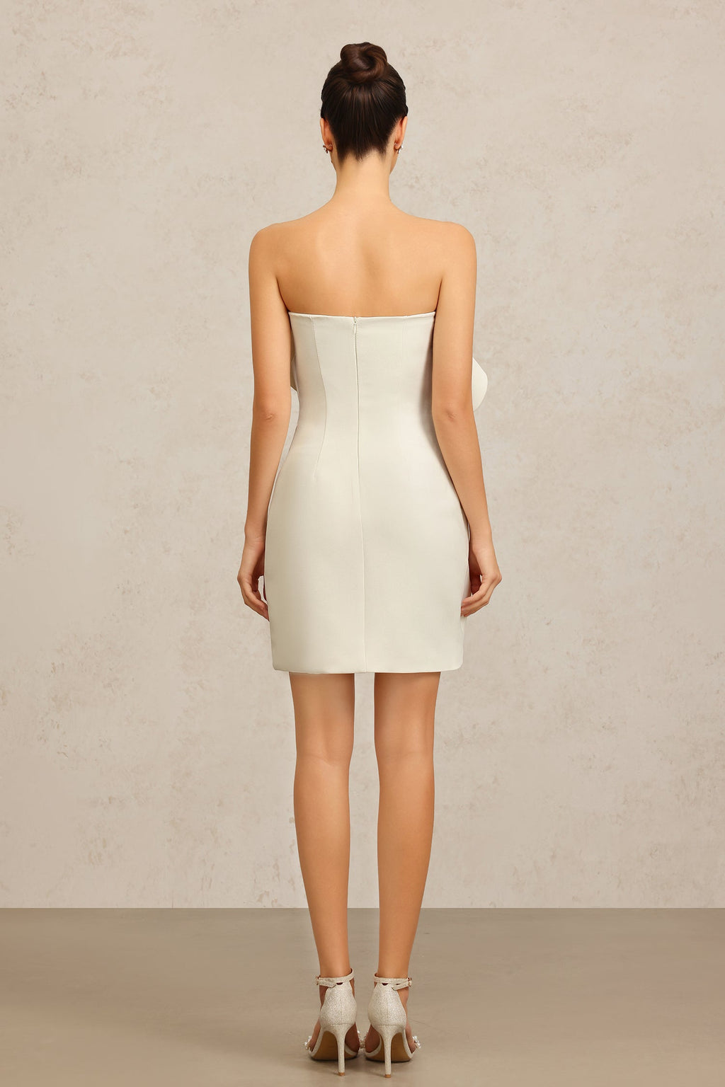 Vera Beige Ruffle Mini Dress Elegant Strapless Neckline Sophisticated Folds Versatile Style Practicality Parties Events