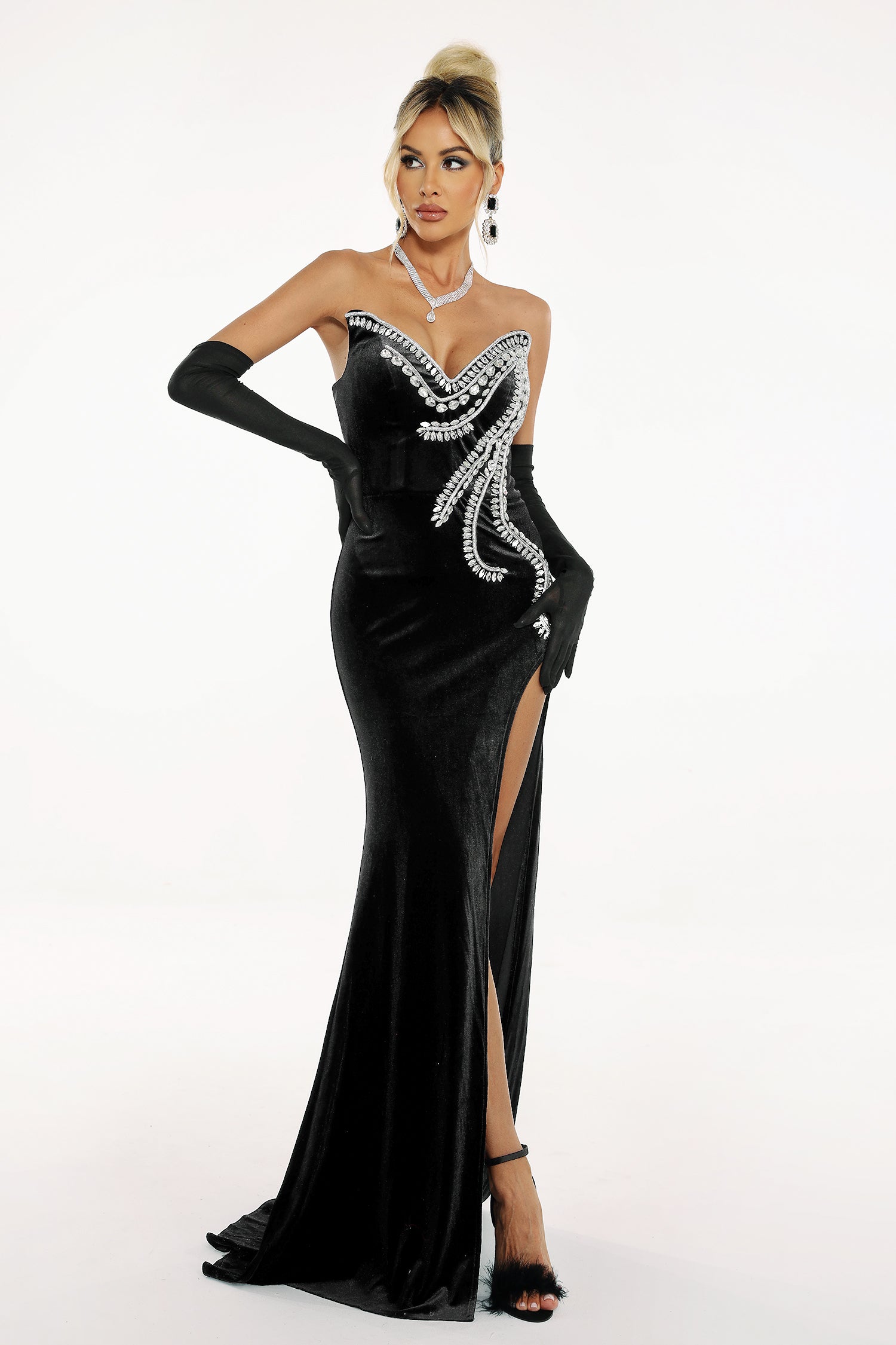 Vera Black Formal Gown with High Slit and Diamante Detailing