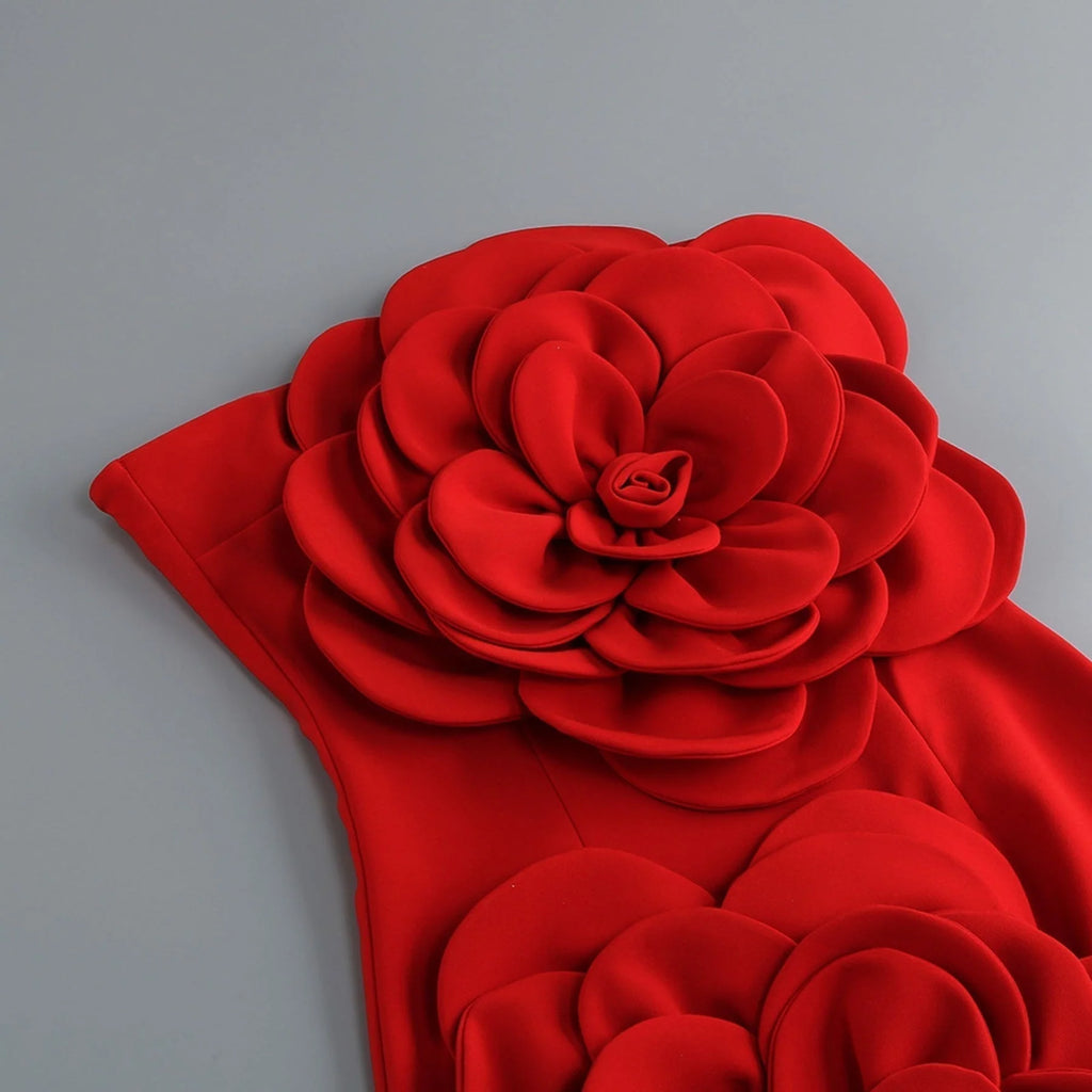 Vera Dress Red Faux - Flower Back - Zip Chic Scoop - Back High - Waisted