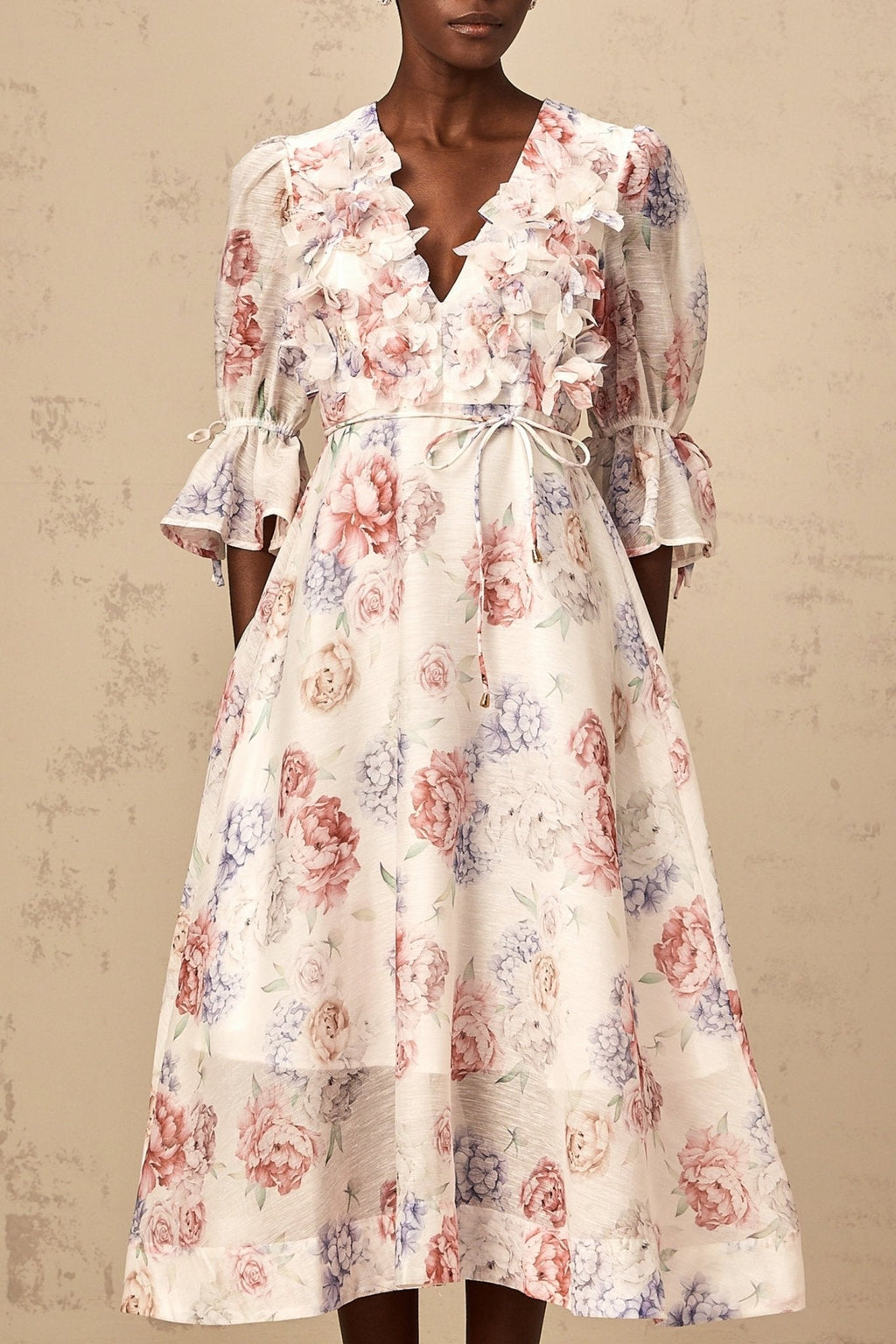 Vera Floral Midi Dress with Plunging Vneck & 3D Petal Detailing