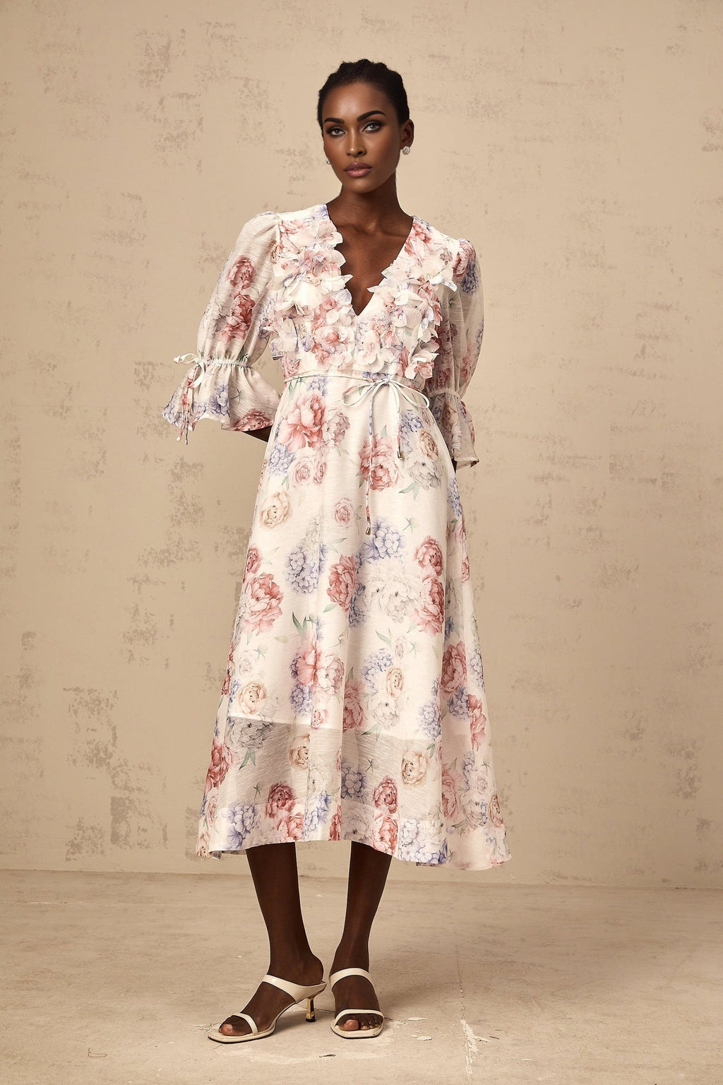 Vera Floral Midi Dress with Plunging Vneck & 3D Petal Detailing