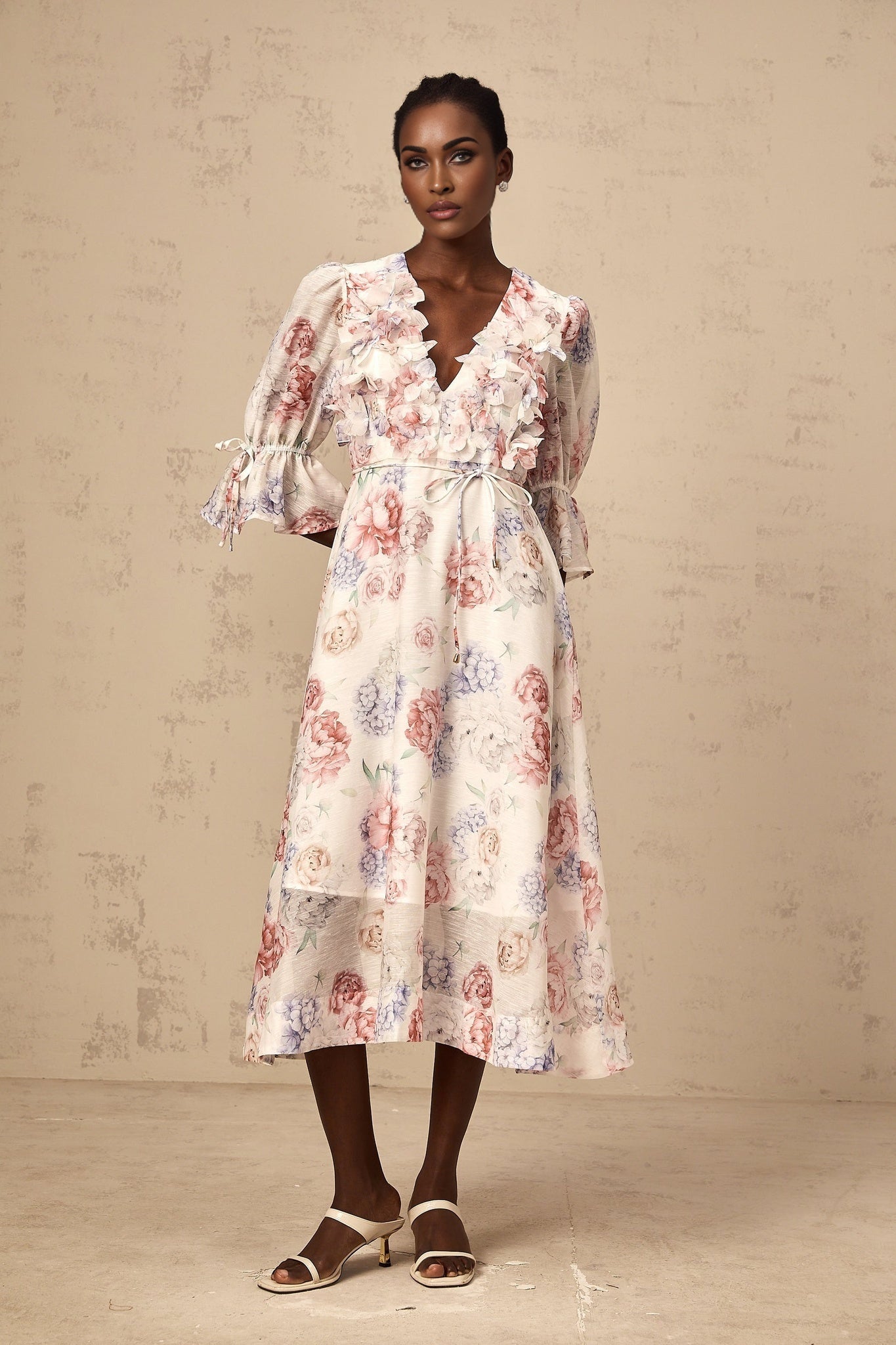 Vera Floral Midi Dress with Plunging Vneck & 3D Petal Detailing