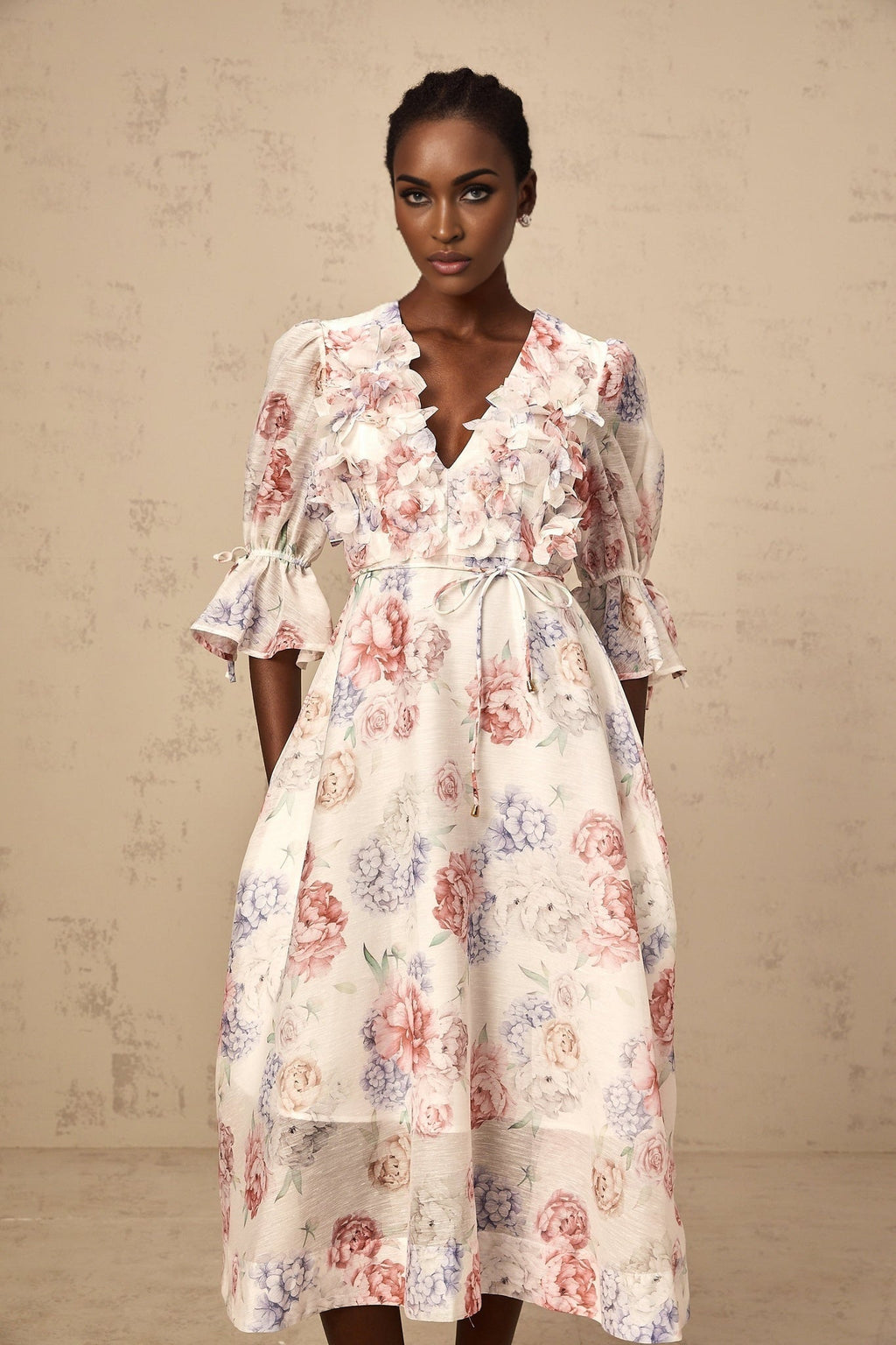 Vera Floral Midi Dress with Plunging Vneck & 3D Petal Detailing