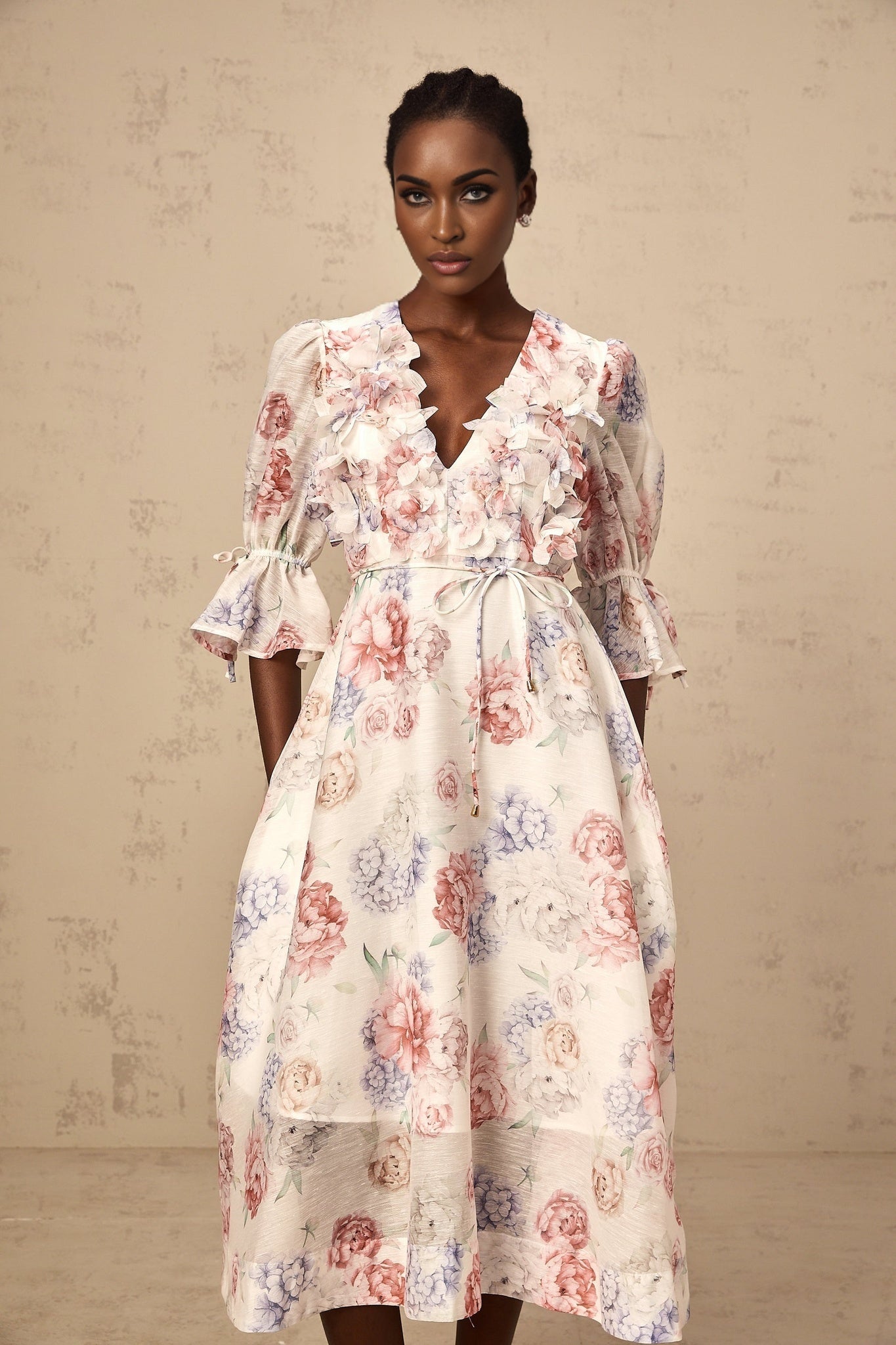 Vera Floral Midi Dress with Plunging Vneck & 3D Petal Detailing
