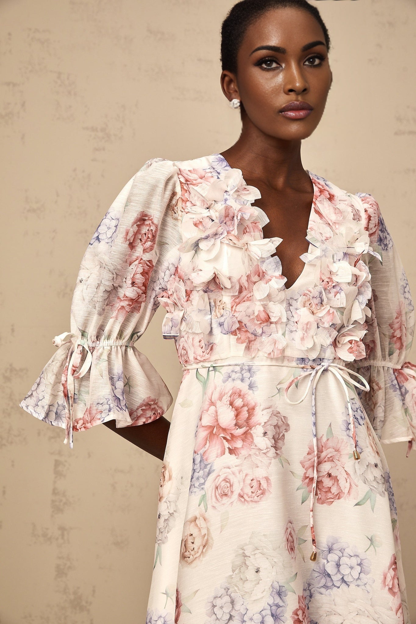 Vera Floral Midi Dress with Plunging Vneck & 3D Petal Detailing