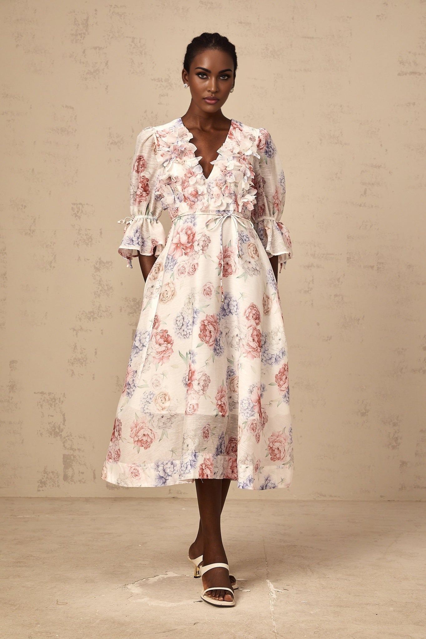 Vera Floral Midi Dress with Plunging Vneck & 3D Petal Detailing