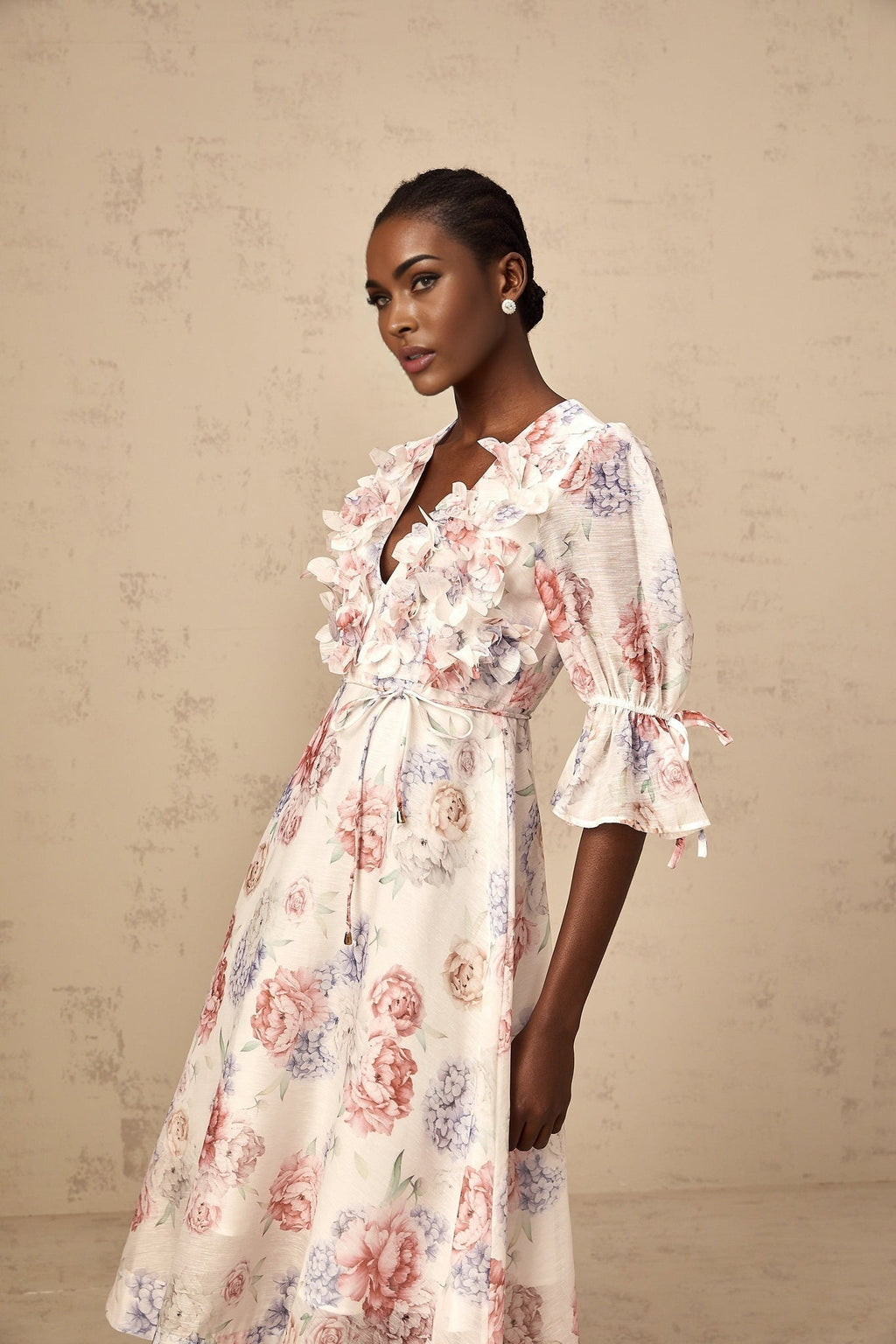 Vera Floral Midi Dress with Plunging Vneck & 3D Petal Detailing
