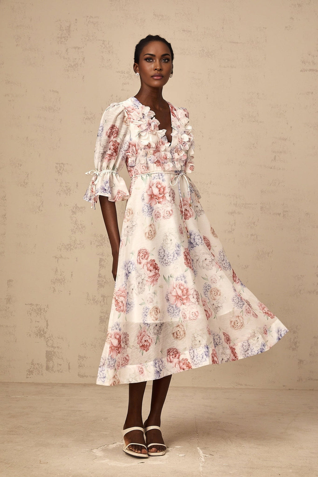 Vera Floral Midi Dress with Plunging Vneck & 3D Petal Detailing