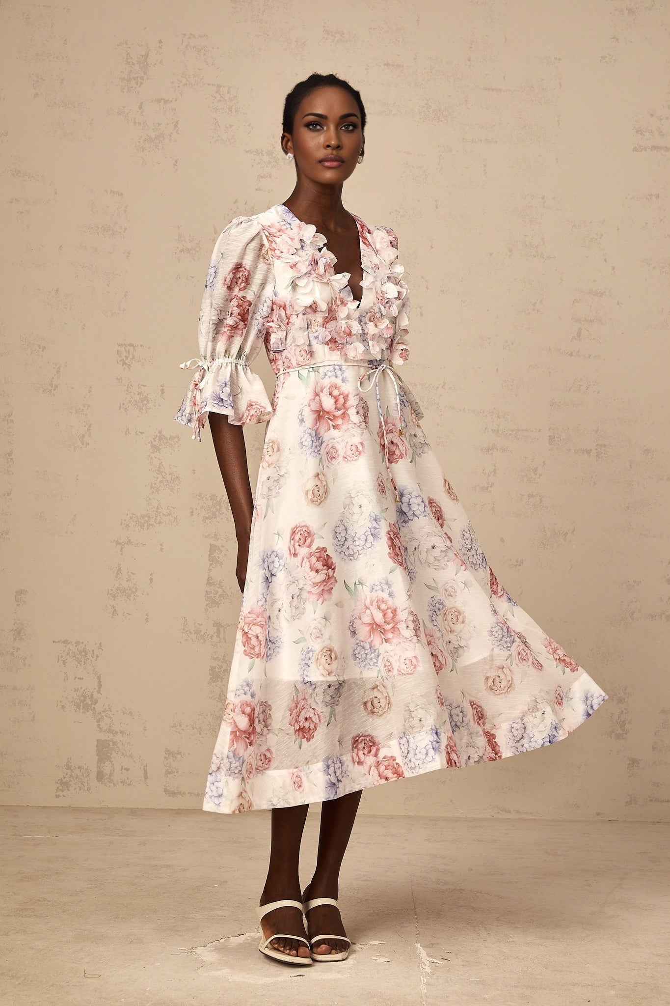 Vera Floral Midi Dress with Plunging Vneck & 3D Petal Detailing