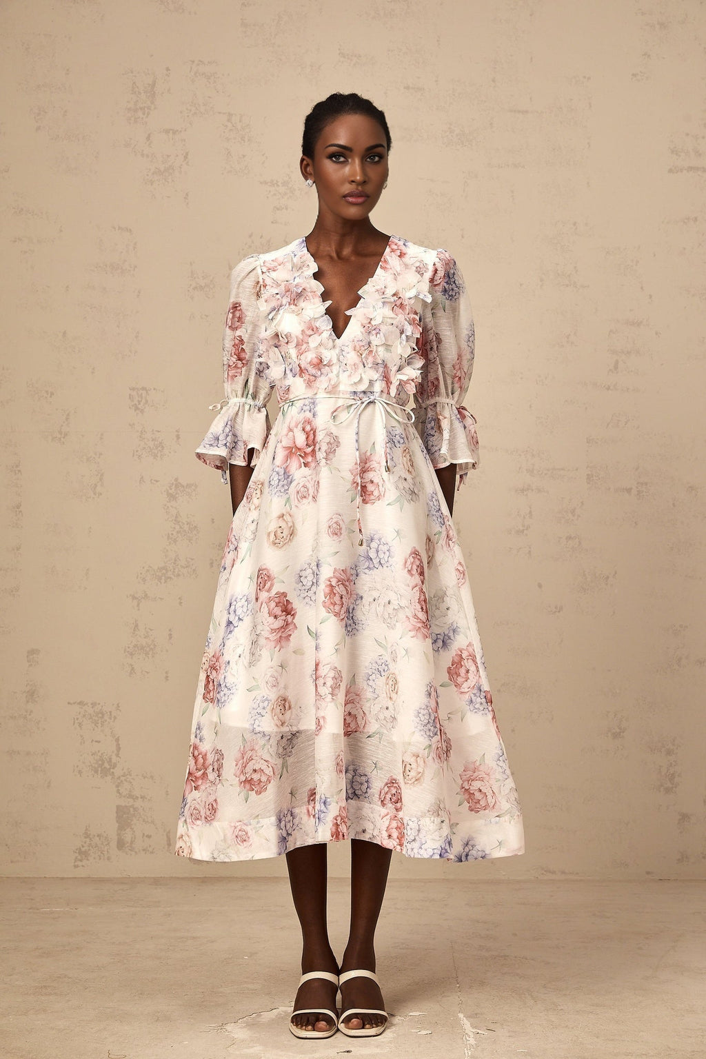 Vera Floral Midi Dress with Plunging Vneck & 3D Petal Detailing
