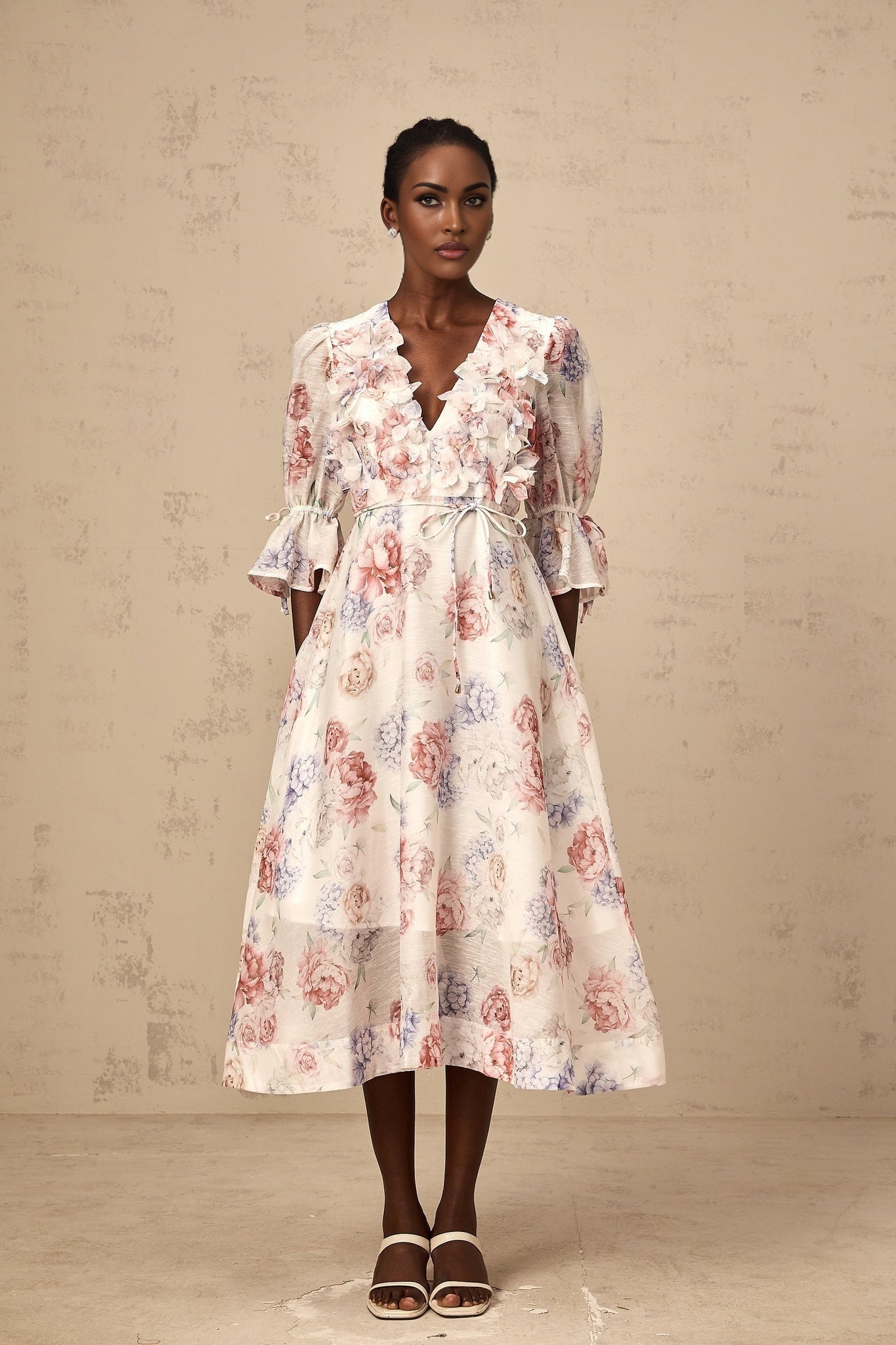 Vera Floral Midi Dress with Plunging Vneck & 3D Petal Detailing