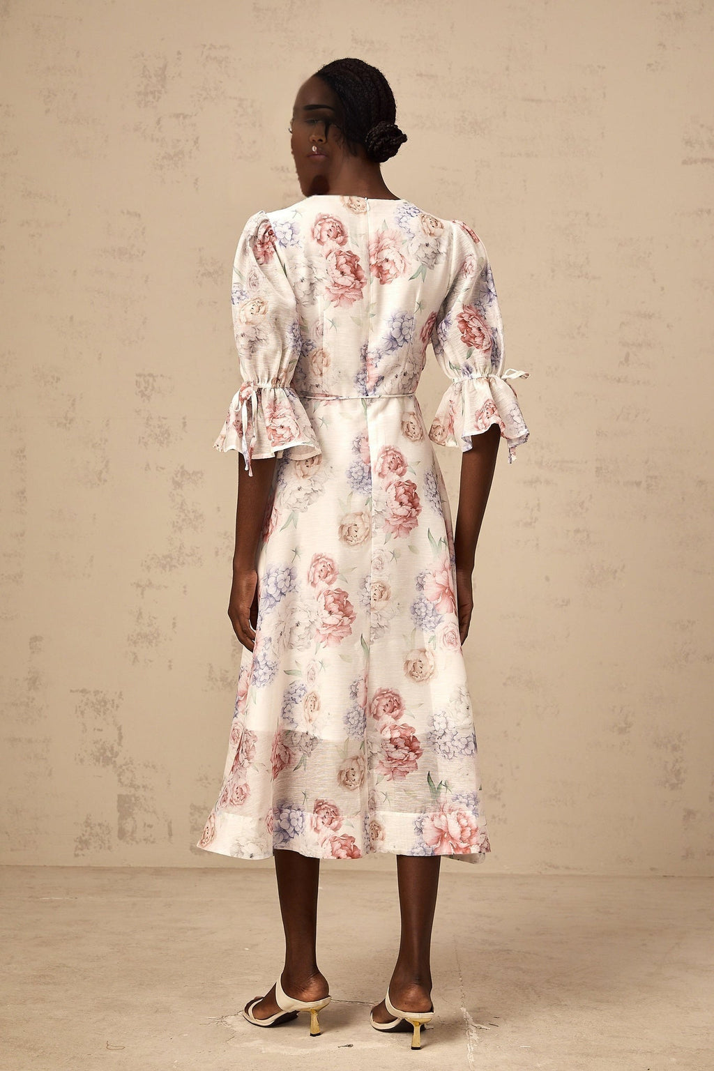 Vera Floral Midi Dress with Plunging Vneck & 3D Petal Detailing
