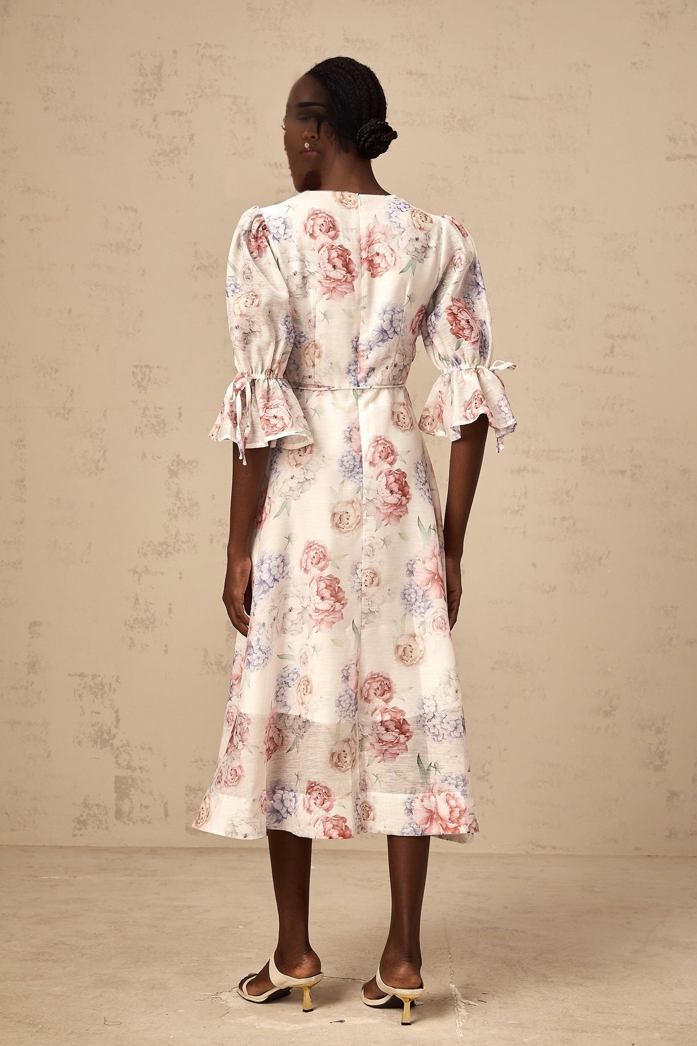Vera Floral Midi Dress with Plunging Vneck & 3D Petal Detailing