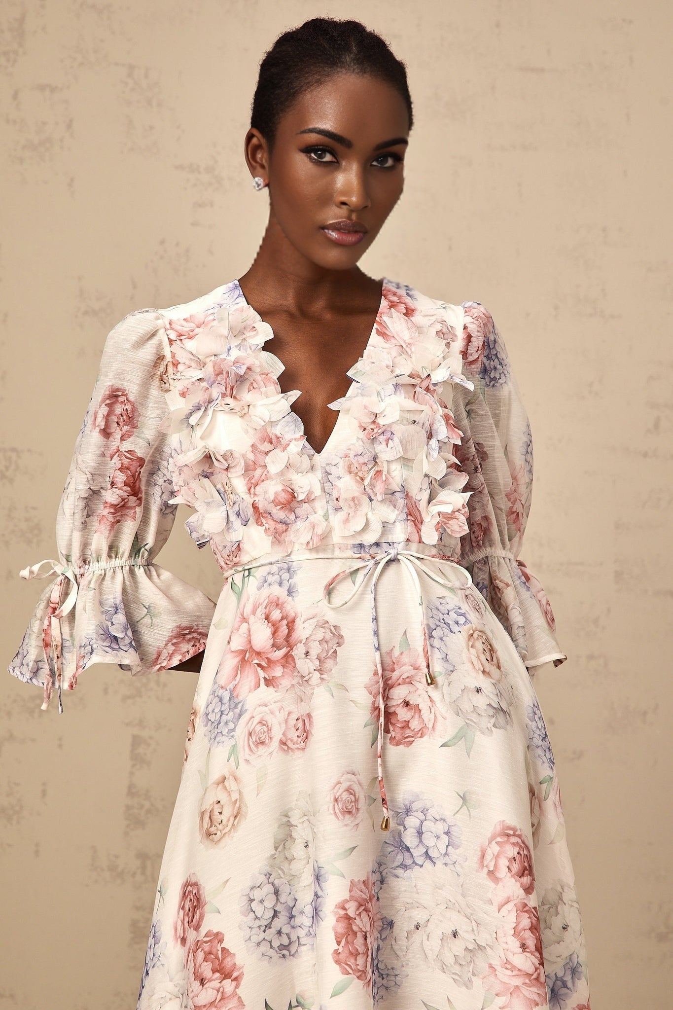 Vera Floral Midi Dress with Plunging Vneck & 3D Petal Detailing