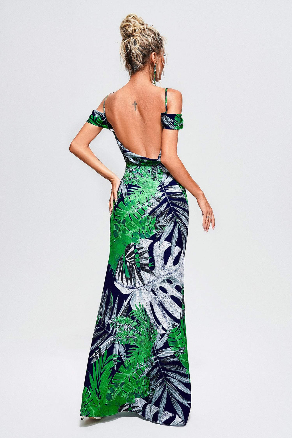 Vera Green Foliage Maxi Dress Off-Shoulder Neckline Fitted Silhouette Breathable Fabric Garden Party Casual Day Out