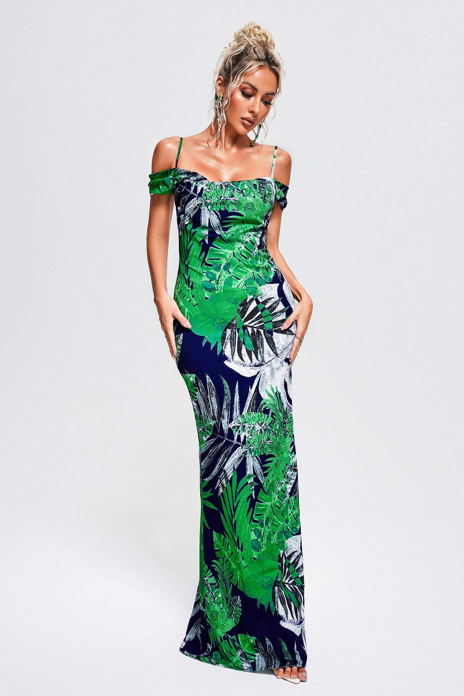 Vera Green Foliage Off-Shoulder Maxi Dress