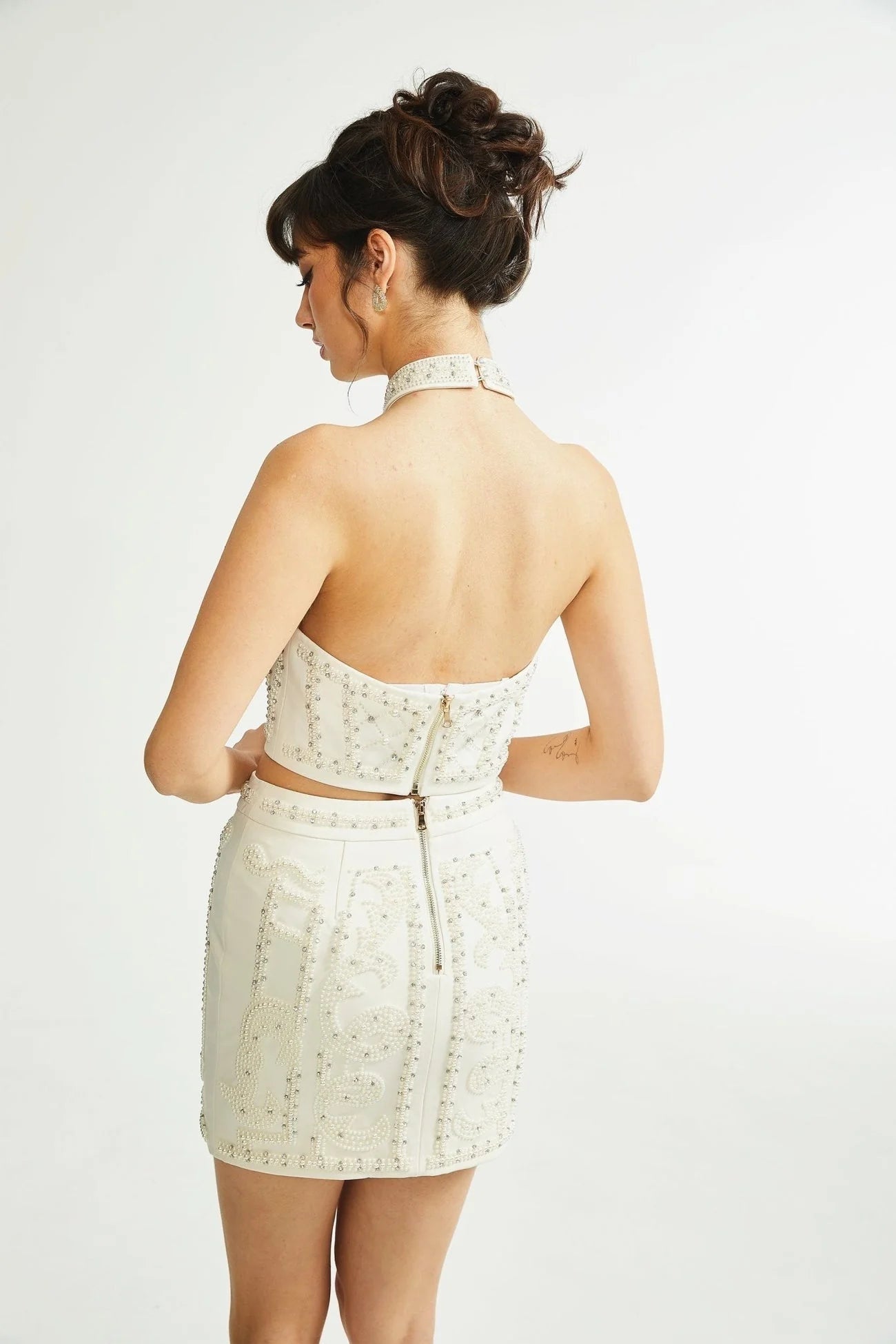 Vera Halterneck Skirt & Top Set Crystal Faux - Pearl Embellishment