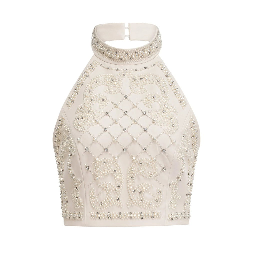 Vera Halterneck Skirt & Top Set Crystal Faux - Pearl Embellishment
