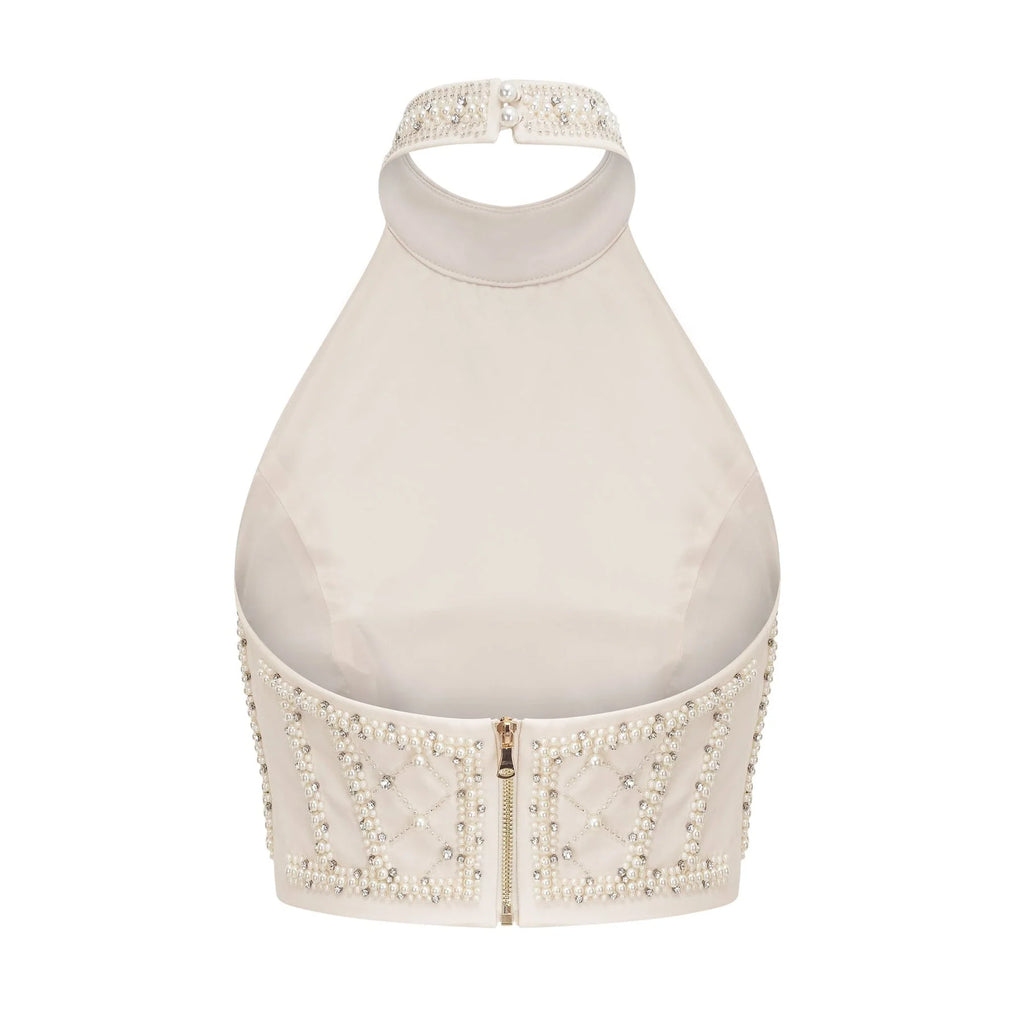 Vera Halterneck Skirt & Top Set Crystal Faux - Pearl Embellishment