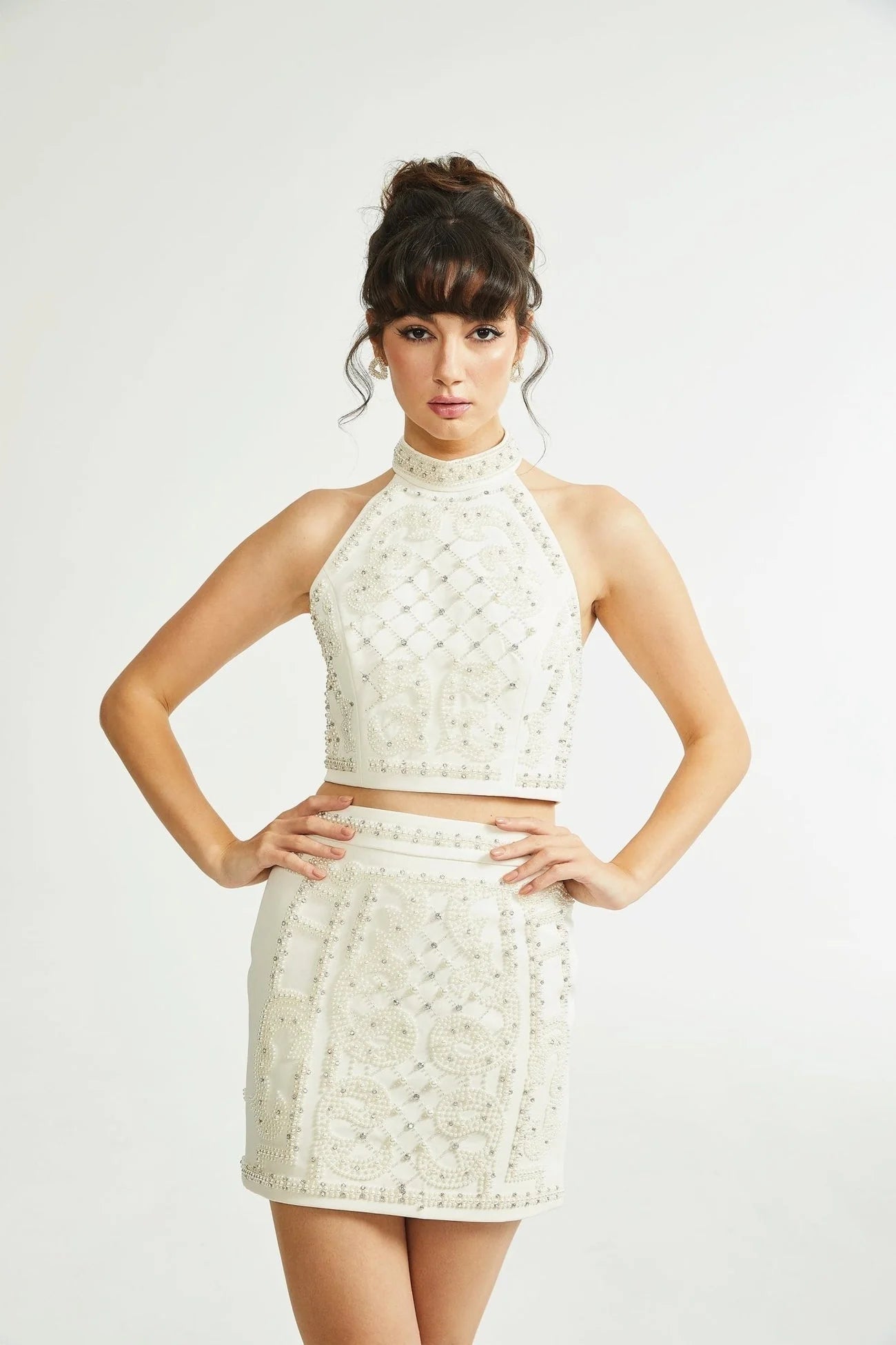 Vera Halterneck Skirt & Top Set Crystal Faux - Pearl Embellishment