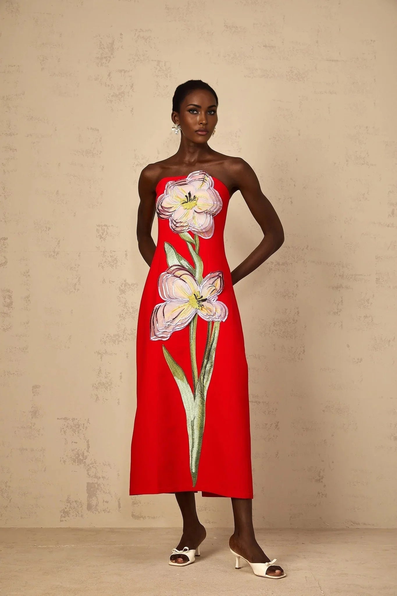 Vera Midi Dress Red Sequin Embroidered Off - Shoulder Sparkle & Floral