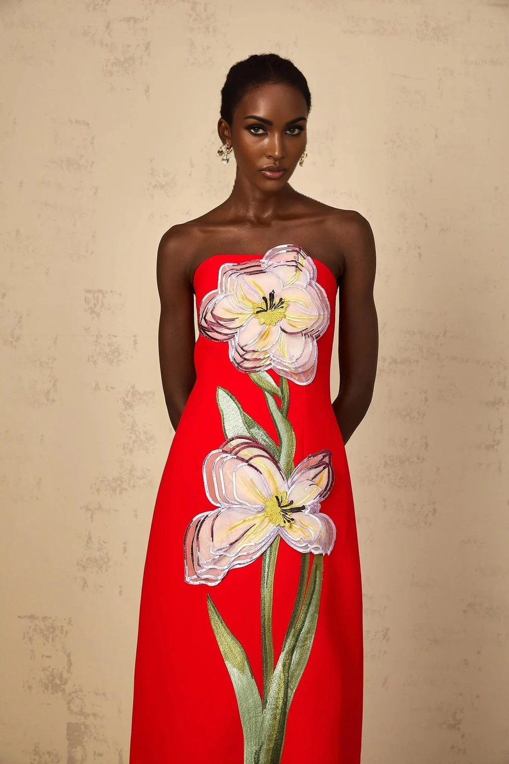 Vera Midi Dress Red Sequin Embroidered Off - Shoulder Sparkle & Floral