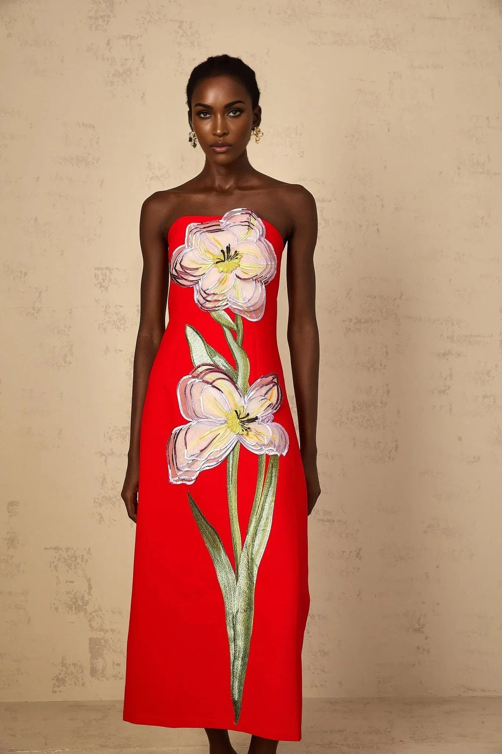 Vera Midi Dress Red Sequin Embroidered Off - Shoulder Sparkle & Floral