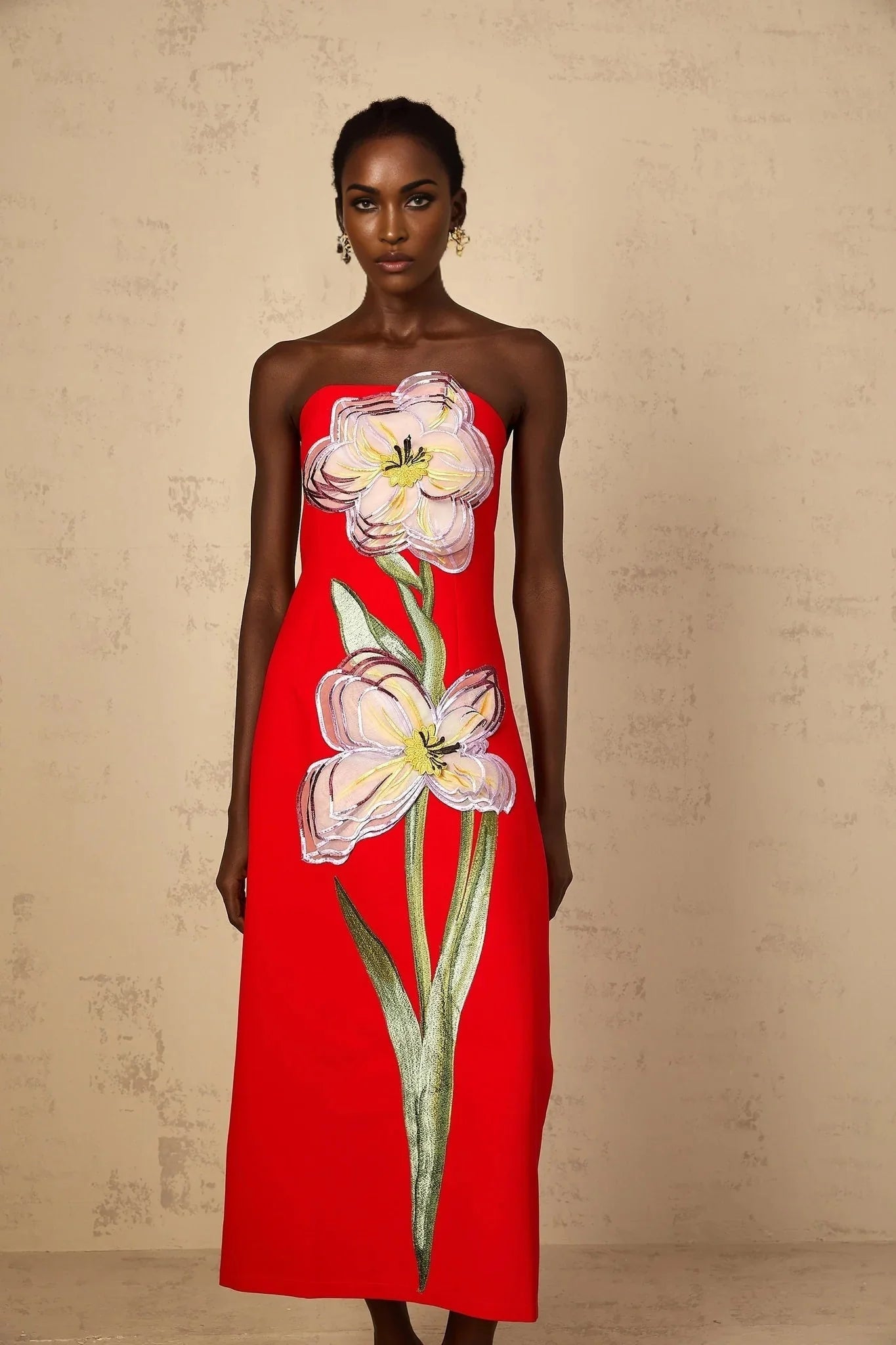 Vera Midi Dress Red Sequin Embroidered Off - Shoulder Sparkle & Floral