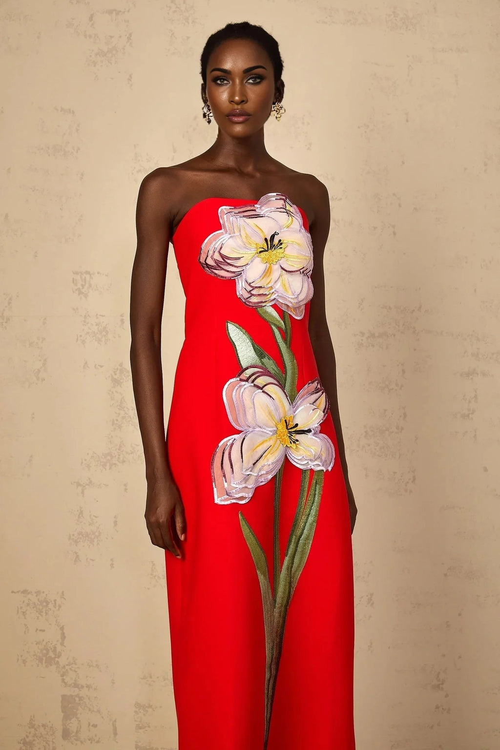 Vera Midi Dress Red Sequin Embroidered Off - Shoulder Sparkle & Floral