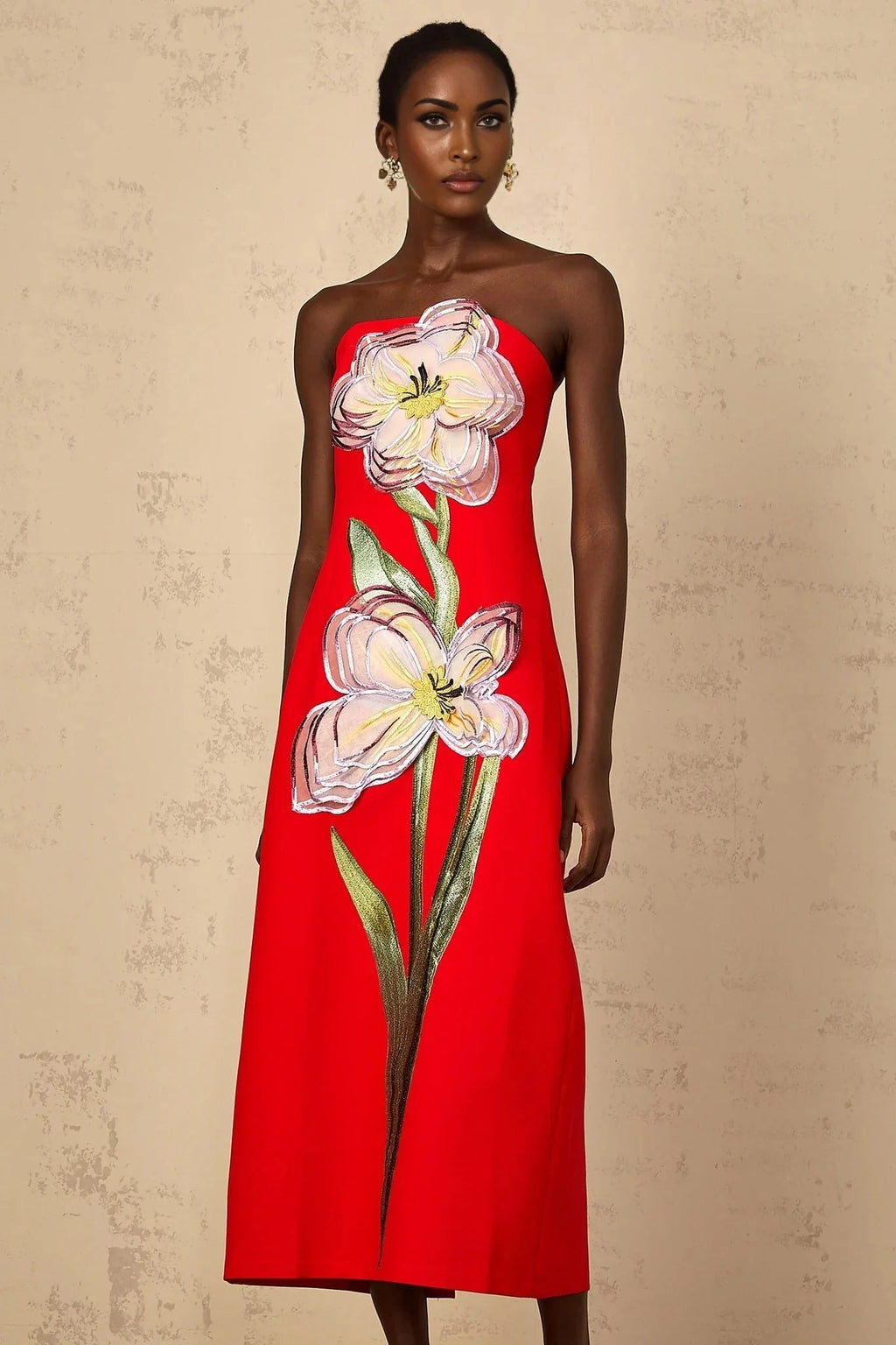Vera Midi Dress Red Sequin Embroidered Off - Shoulder Sparkle & Floral