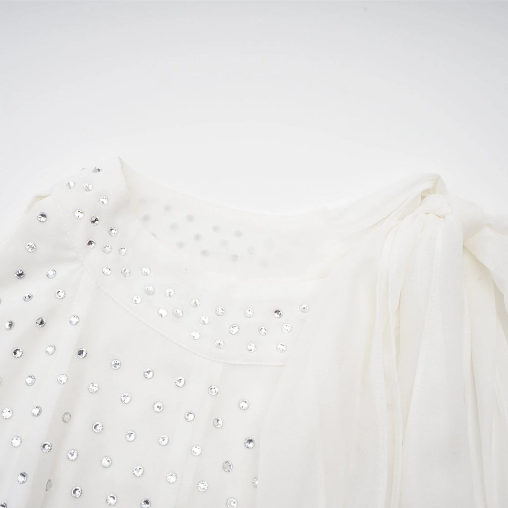 Vera Midi Dress White Crystal Bow Sleeveless Double Layer