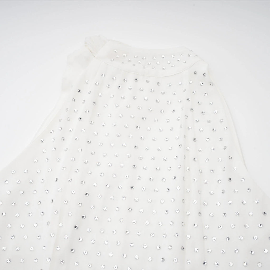 Vera Midi Dress White Crystal Bow Sleeveless Double Layer