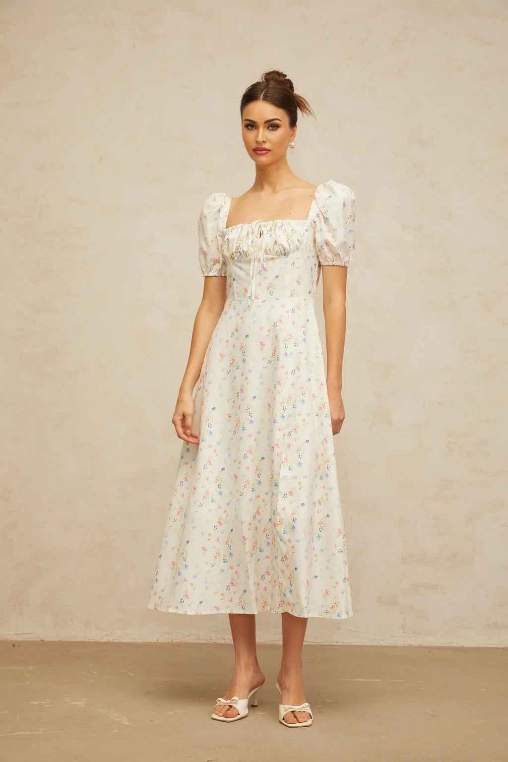 Vera Midi Dress White Floral Flared & Side Slit