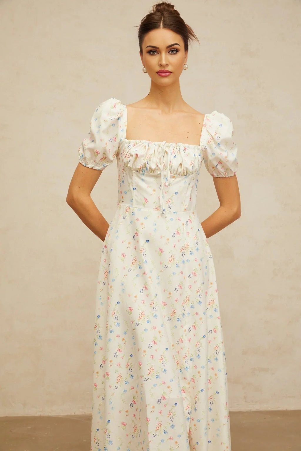 Vera Midi Dress White Floral Flared & Side Slit