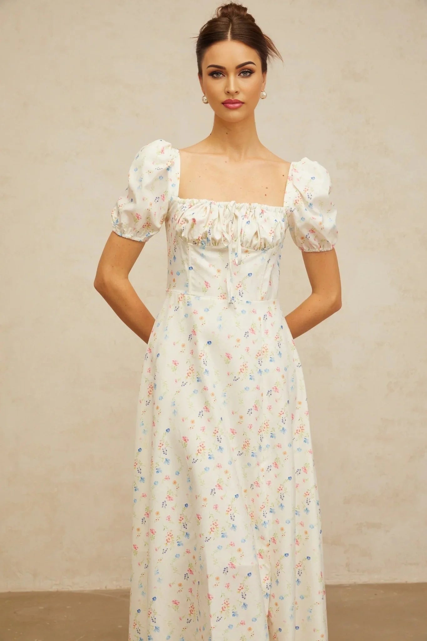 Vera Midi Dress White Floral Flared & Side Slit