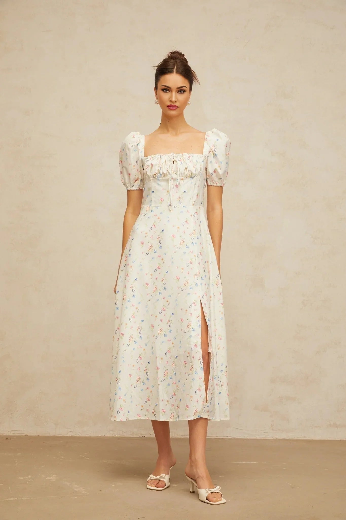 Vera Midi Dress White Floral Flared & Side Slit