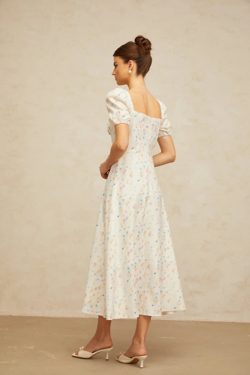 Vera Midi Dress White Floral Flared & Side Slit