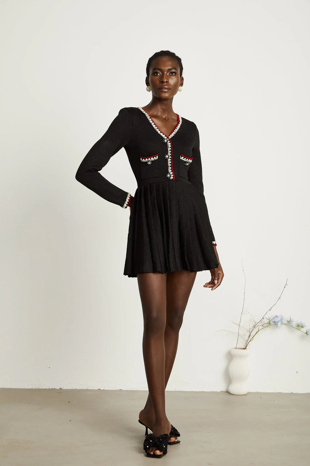 Vera Mini Dress Black Knitted V Neck Button Thigh Length