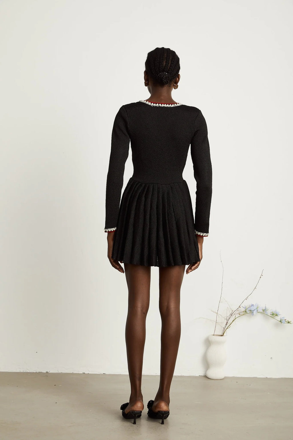Vera Mini Dress Black Knitted V Neck Button Thigh Length