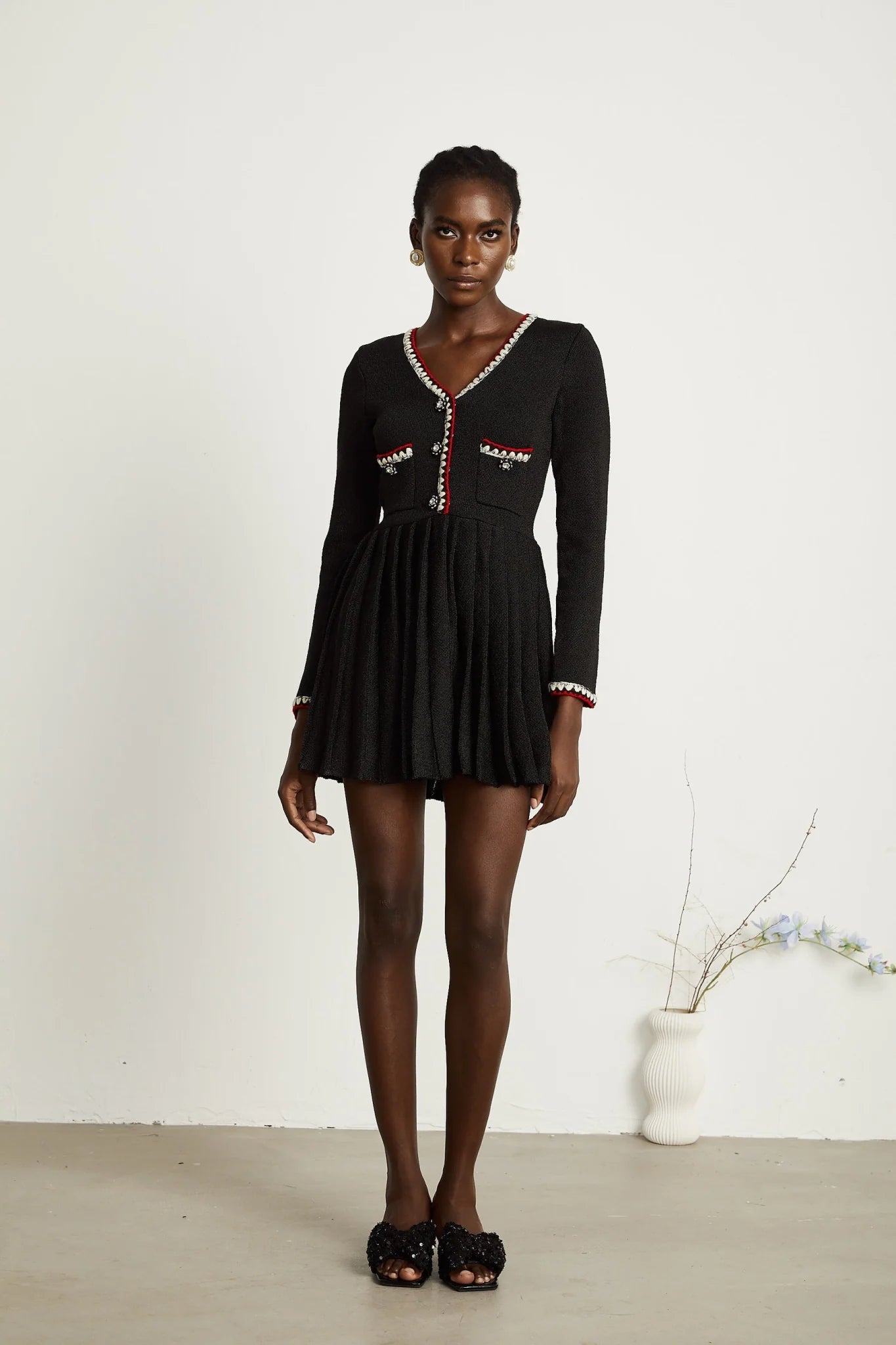 Vera Mini Dress Black Knitted V Neck Button Thigh Length