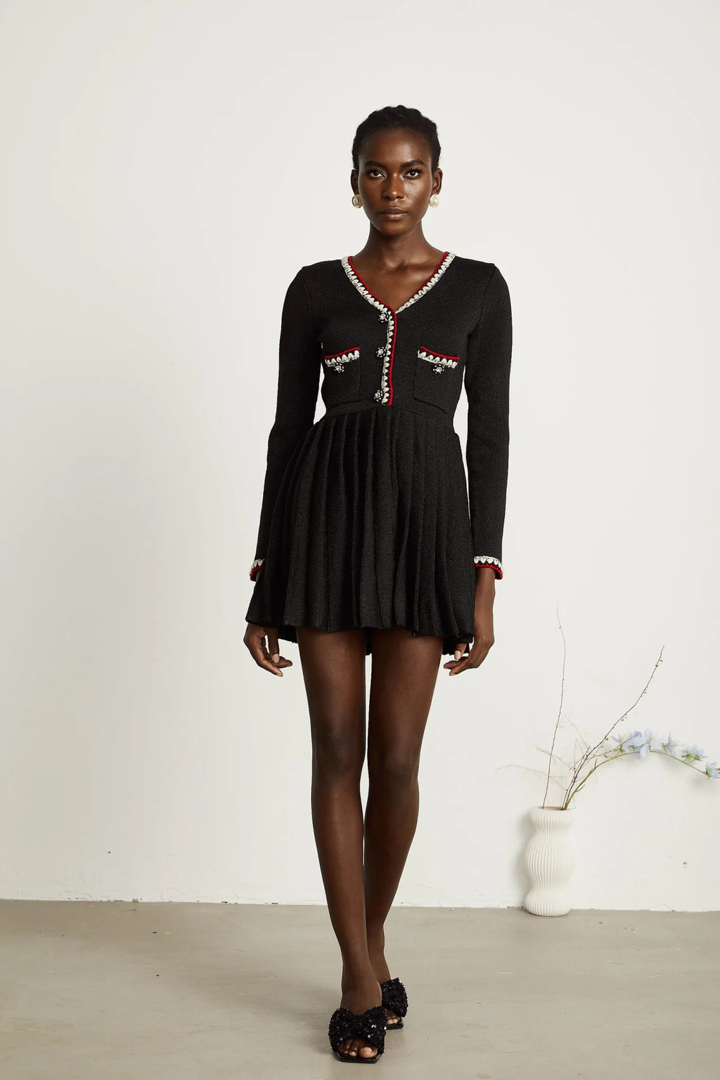 Vera Mini Dress Black Knitted V Neck Button Thigh Length