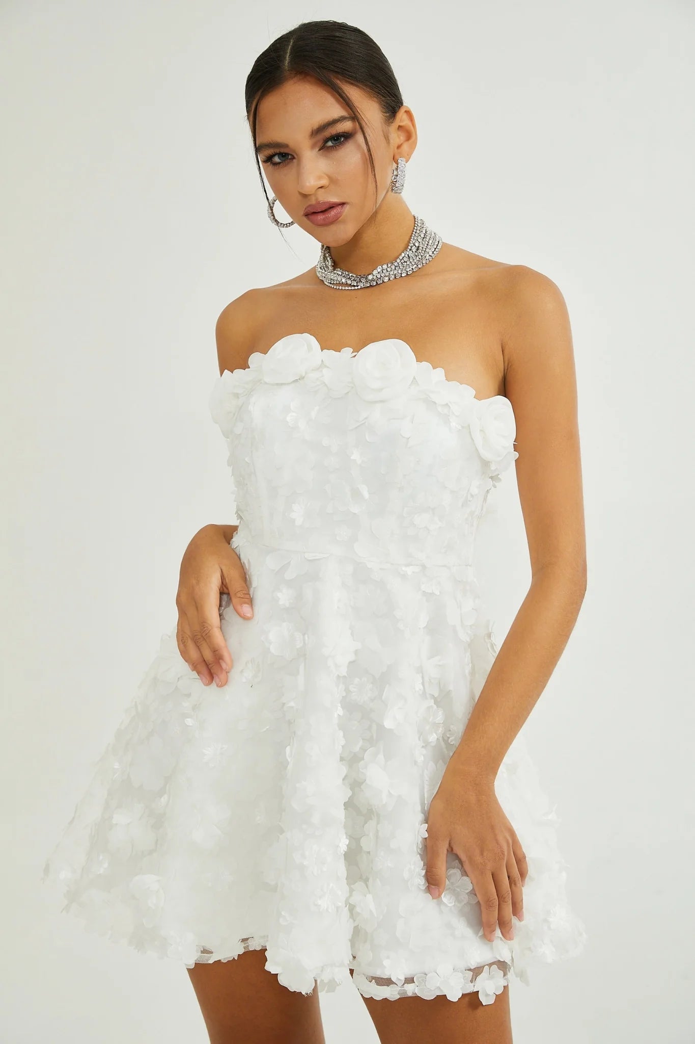 Vera Mini Dress White Layered Off the Shoulder Floral Embellished