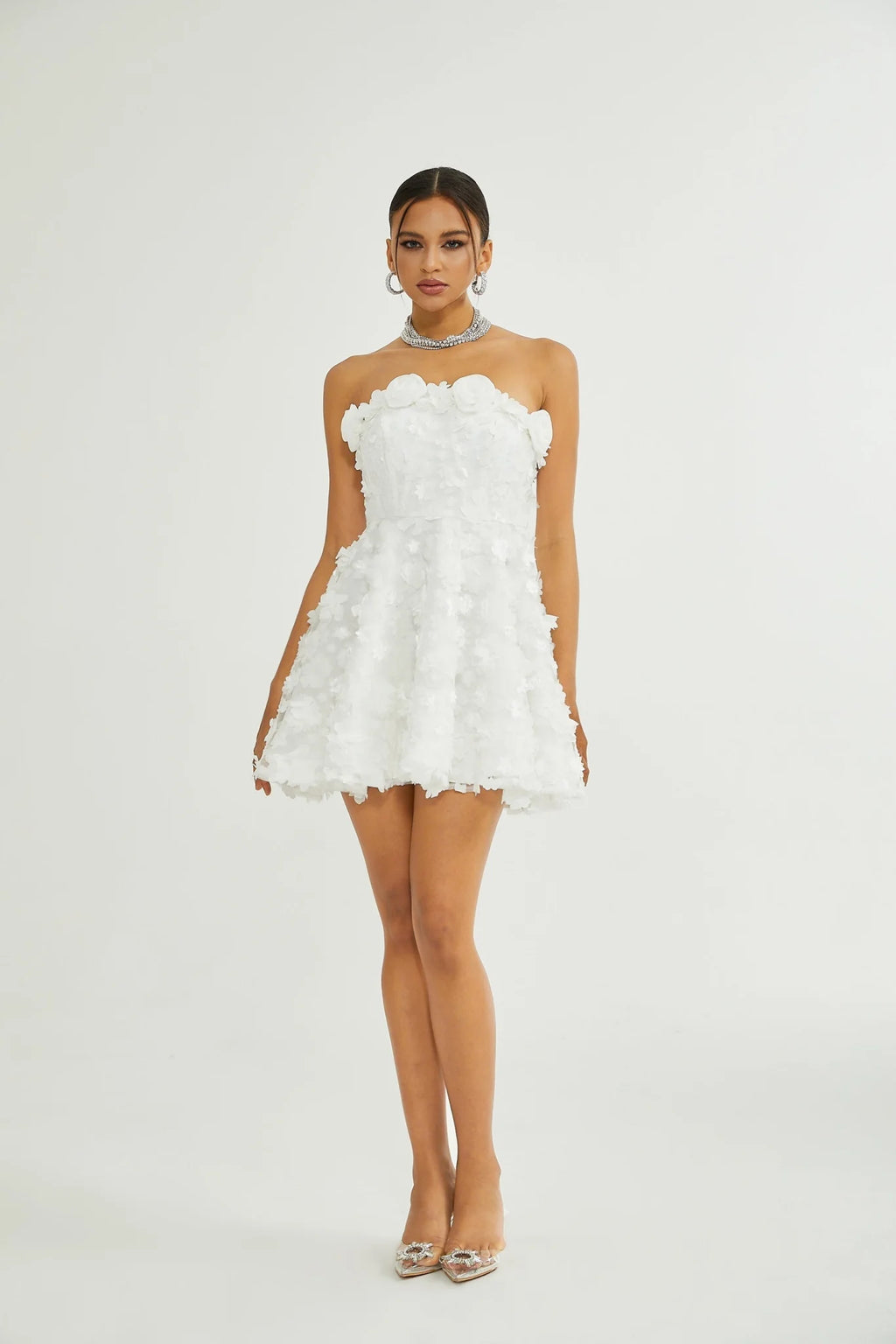 Vera Mini Dress White Layered Off the Shoulder Floral Embellished