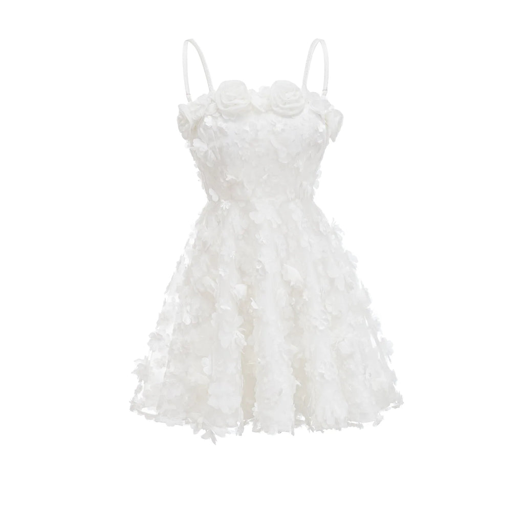 Vera Mini Dress White Layered Off the Shoulder Floral Embellished